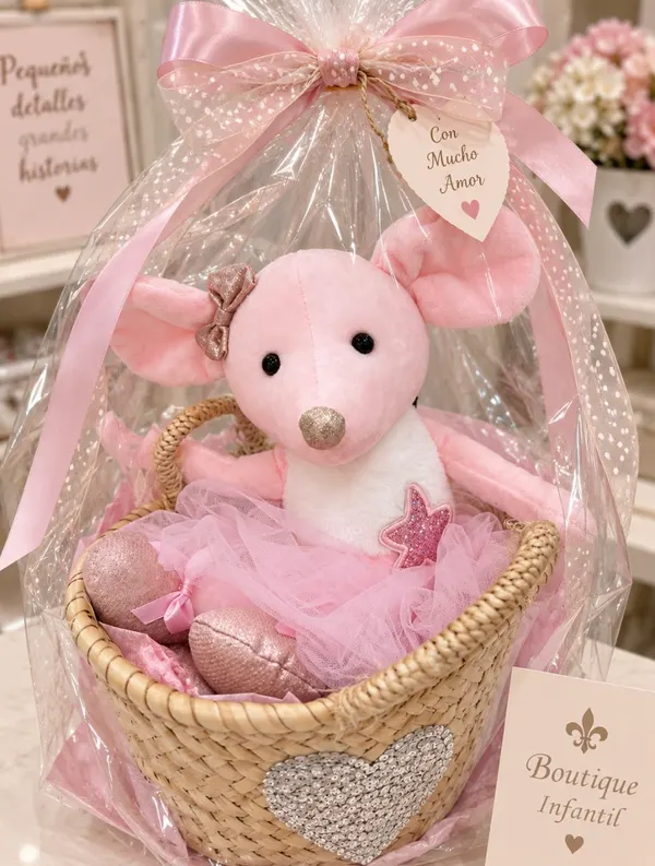 Ratoncita de peluche en cesta
