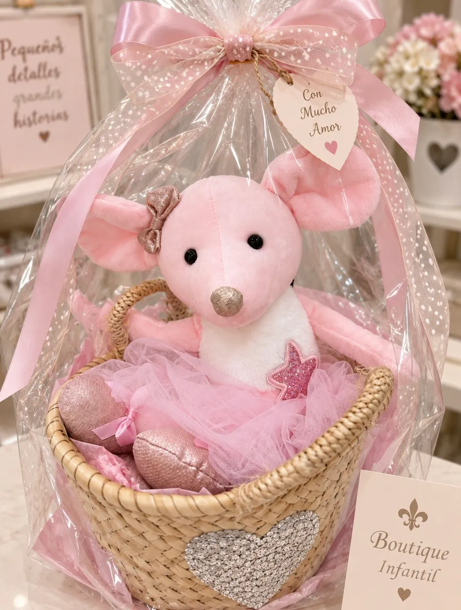 Ratoncita de peluche en cesta